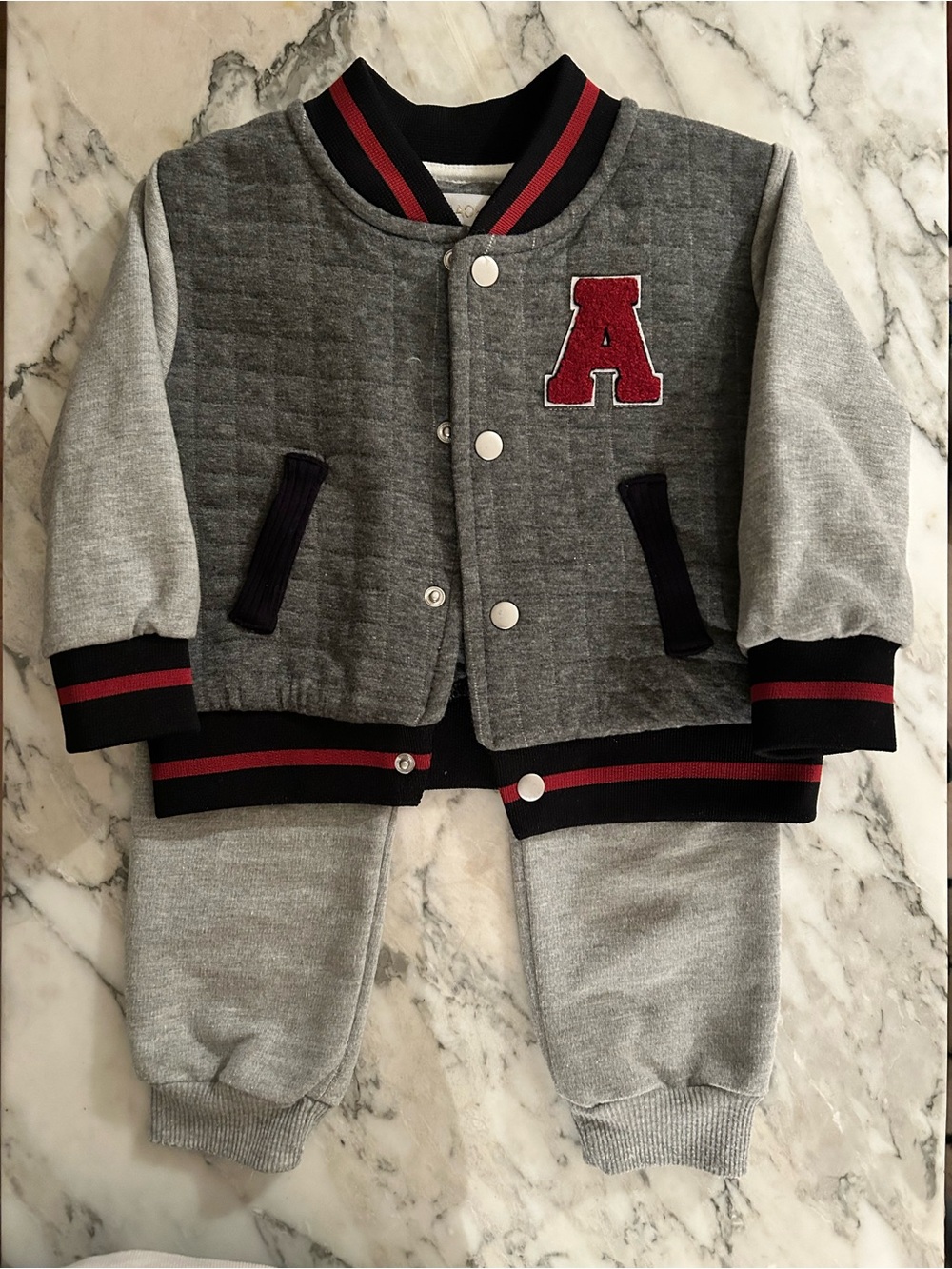 Toddler Grey Varsity Jacket & Jogger Set with Red “A”